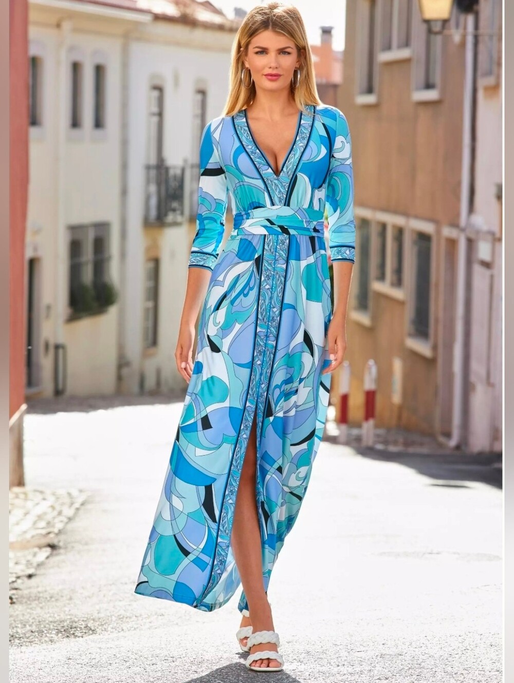 Boston Proper NWT Ocean Abstract V-Neck Maxi Dress Blue Front Slit 3/4 Sleeve XS